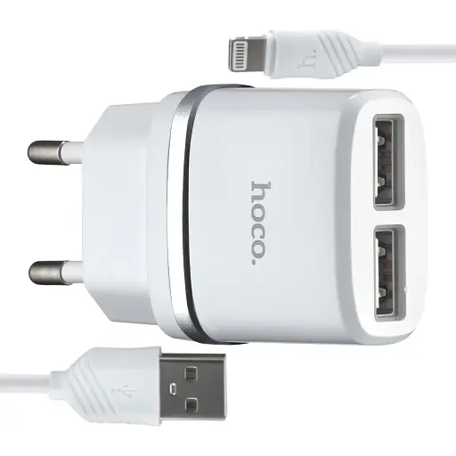 Мережевий зарядний пристрій Hoco C12 Smart dual USB charger set with Lightning cable ( EU ) 2USB 2.4A Білий - фото 1