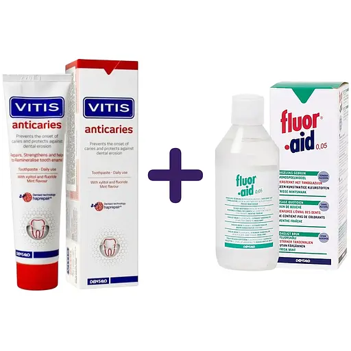 Набор: зубная паста Vitis Anticaries 100 мл + ополаскиватель для полости рта Fluor-Aid 0.05% 500 мл - фото 1