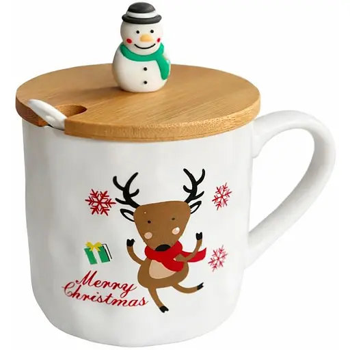 Новорічна чашка Olens 102-1086-2 Новорічна братва кераміка з бамбуковою кришкою та ложкою 380 мл - фото 1