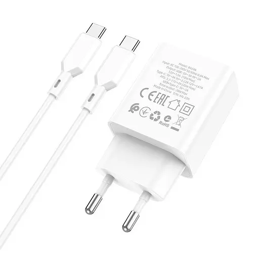 Адаптер мережевий Borofone Resource charger BA69A + кабель Type-C to Type-C 20W набір білий - фото 6