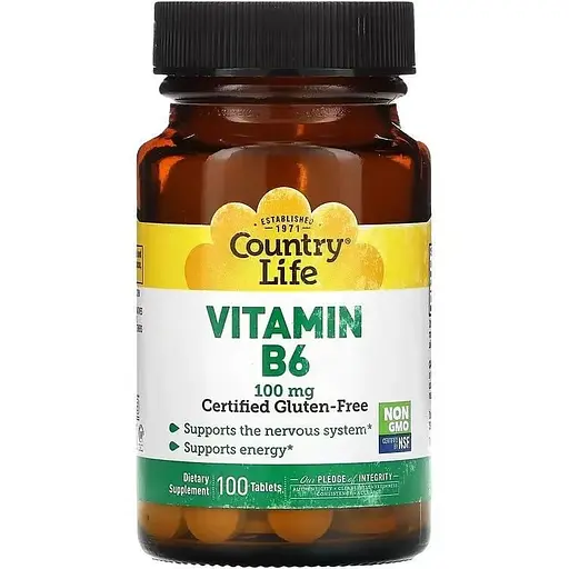 Хелатний вітамін B6 Country Life Vitamin B6 100 mg, 100 таблеток для підтримки нервової системи