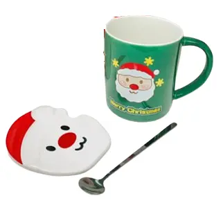 Новорічна чашка Olens 102-1059-2 Новорічна 2024 кераміка з кришкою та ложкою 380 мл Зелена - фото 2