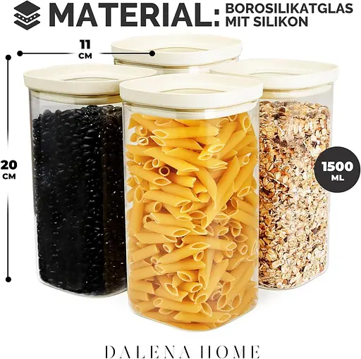 Банки для хранения с крышками Набор из 4 из крепкого боросиликатного стекла + этикетки (4 x 1500 мл) — герметичные и штабелированные - фото 2