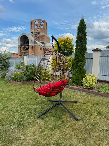 Підвісне садове крісло гойдалка Gordon кокон / гніздо SAN VITO з м'якою червоною подушкою Коричневий - фото 8
