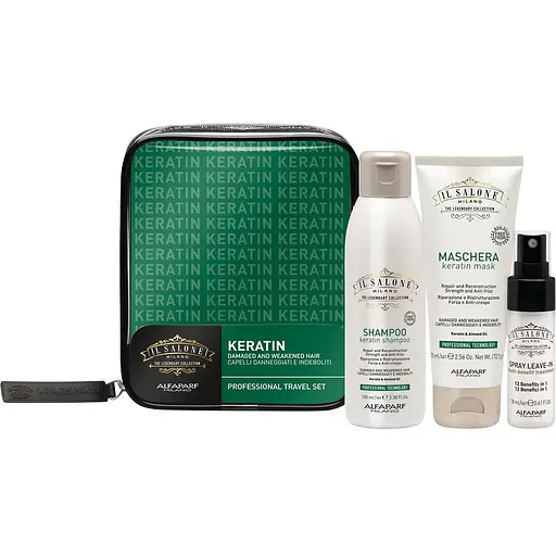 Набор для путешествий Il Salone Keratin: Шампунь 100 мл + Маска для волос 75 ​​мл + Спрей для волос 18 мл + Косметичка