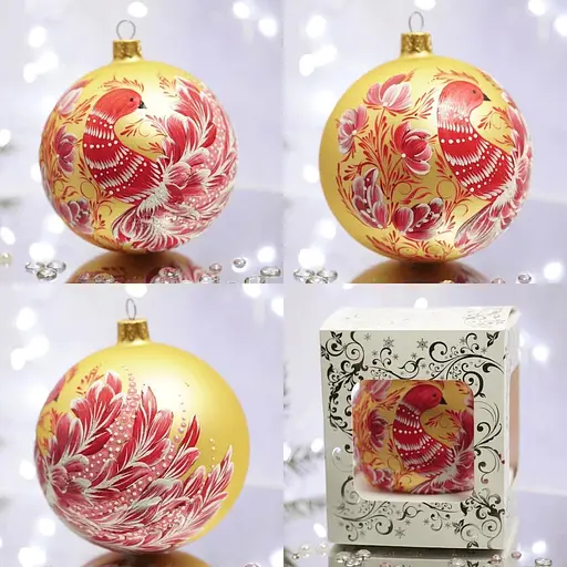 Ялинкова прикраса Санта Шоп Петриківка Червона Пташка на золоті скло (4820001112276) - фото 4