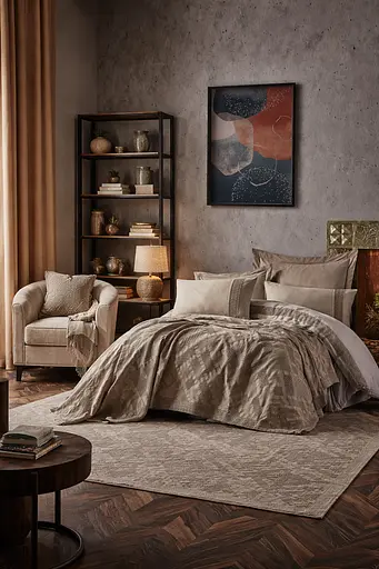 Комплект постельного белья евро 200×220 см с покрывалом сатин темно-бежевый TC303376224 - фото 1