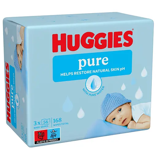 Вологі серветки Huggies Pure 2+1 168 шт. (3 уп. по 56 шт.)