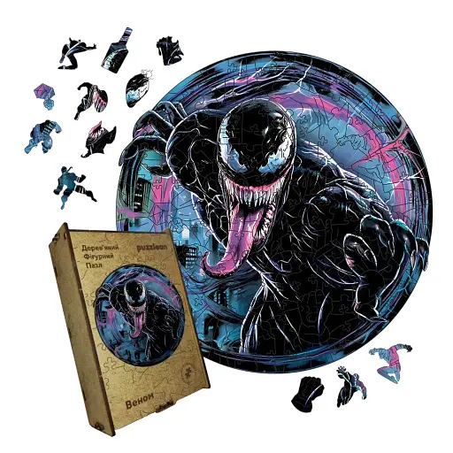 Деревянный фигурный пазл Веном, А4, Картонная коробка 100 элементов