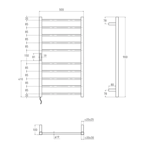 Электрический полотенцесушитель Volle Campo 500*900мм de la noche 9210.000104, Чорный матовый, Левое, Электронный - фото 2