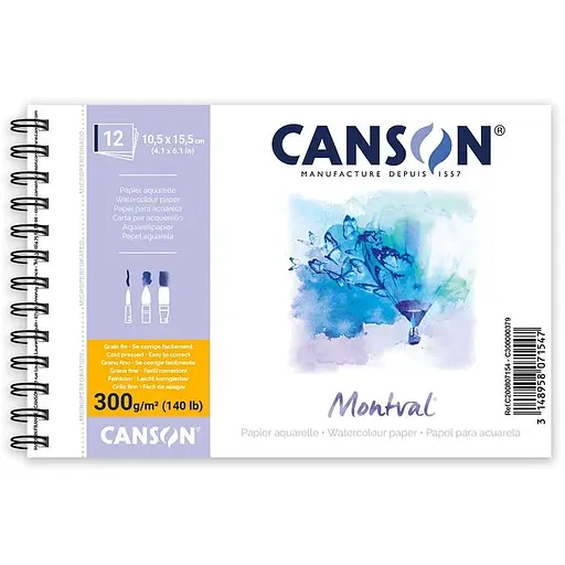 Альбом для акварели на спирали MONTVAL 300г/м2 12л натуральный белый среднее зерно Canson