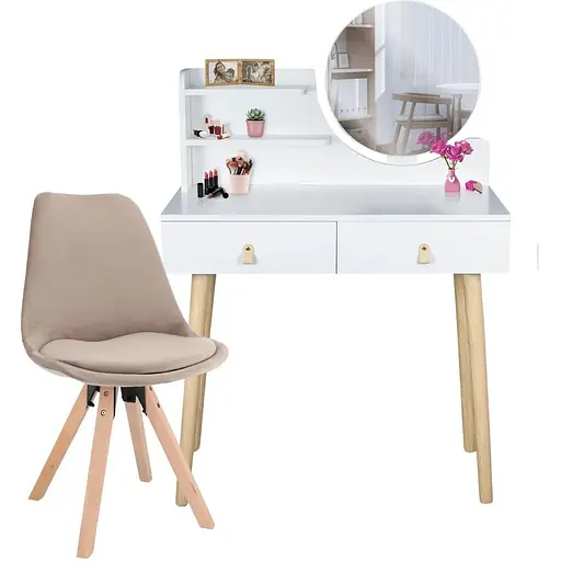 Туалетний столик Jumi Scandi з дзеркалом (шкіряні ручки) білий + стілець Saida бежевий