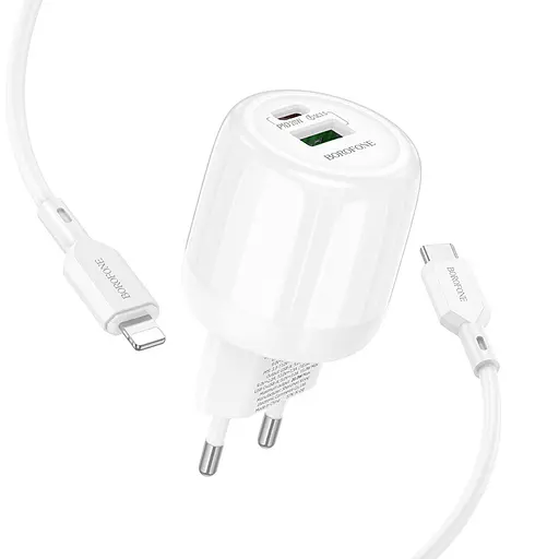 СЗУ Borofone BA93A Lustrous PD20W+QC3.0 (1USB-A/1C) + кабель Type-C to Lightning White - фото 3