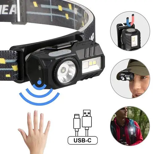 Фонарь налобный T131-XPE+3SMD с сенсорным управлением клипса магнит Li-Ion аккумулятор Type-C Черный - фото 4