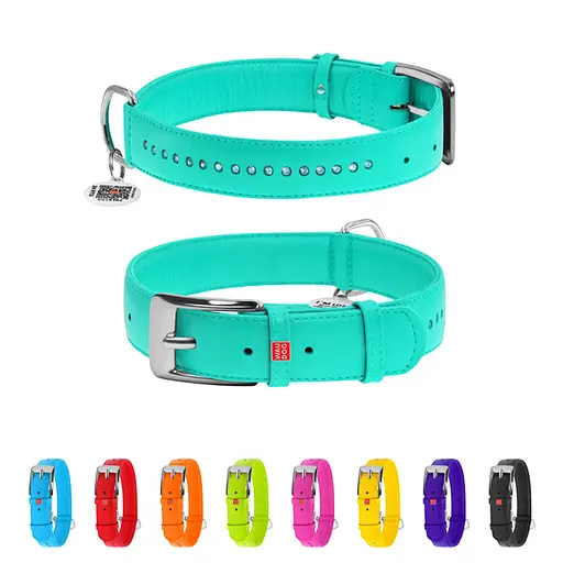 Ошейник для собак кожаный Waudog Glamour с QR-паспортом двойной со стразами XL Ш 35 мм Д 46-60 см ментоловый - фото 2