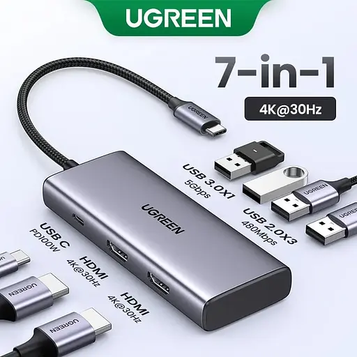 Хаб USB 3.0 Type-C -> 1хUSB-A 3.0/3хUSB-A 2.0/2xHDMI 4K 30Гц PD CM498 Ugreen - фото 5