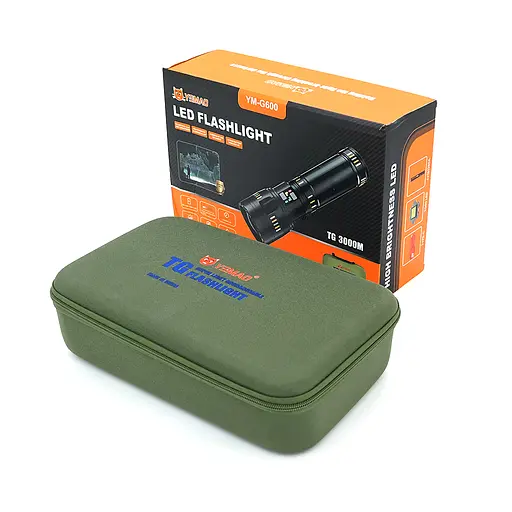 Ліхтар пошуковий YEMAO YM-G600 LED PM60, 4 режими, індикація заряду, живлення від 4(2*18650), IP65, USB кабель, 325х205х100мм, 1,600кг, Black, Чохол+BOX - фото 2