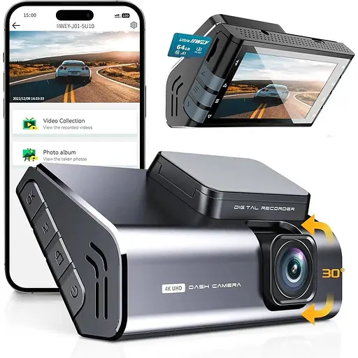 Видеорегистратор IIWEY J01 4K Front Dash Cam с WiFi, Car Dash Cam Корпус из алюминиевого сплава, 3-дюймовая ЖК-камера видеорегистратор