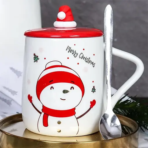 Новогодняя чашка с крышкой и ложкой С Рождеством Снеговик керамика 360 мл Белая с красным - фото 6