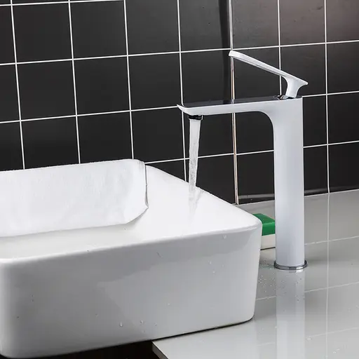 F1052-56(H52) Змішувач для умивальника високий литий гусак латунний корпус гайка Ø35 білий/хром Frap 1/10 Білий - фото 2