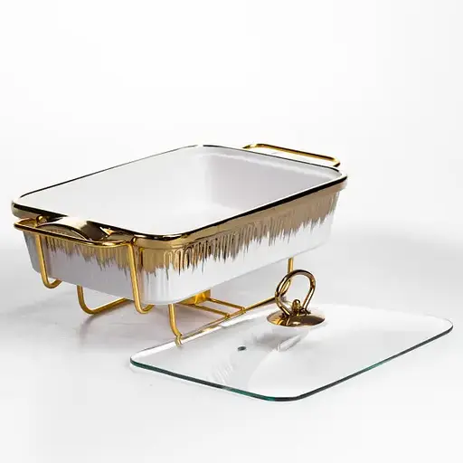 Мармитница фарфоровая Yiwu 1.5 л на золотистой металлической подставке с подогревом 35.5х19х15.5 см с поддержанием температуры ML-860-13 - фото 4