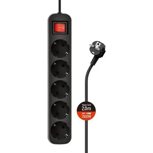 Фильтр сетевой ColorWay, 5 розеток, 2 м, черный, 10А, до 2.5 кВт, заземление, выключатель, 3x1 мм² (CW-PSEA52BK) - фото 1