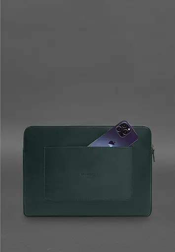 Кожаный чехол BlankNote для ноутбука на молнии с хлястиком и карманом Зеленый - фото 3