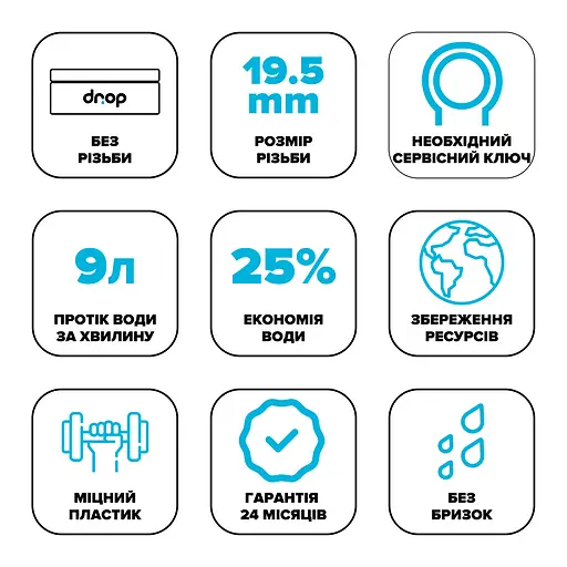 Водозберігаючий аератор Drop SP195E для змішувача - Економія 25%, 9 л/хв, без різьби 19.5 мм - фото 7