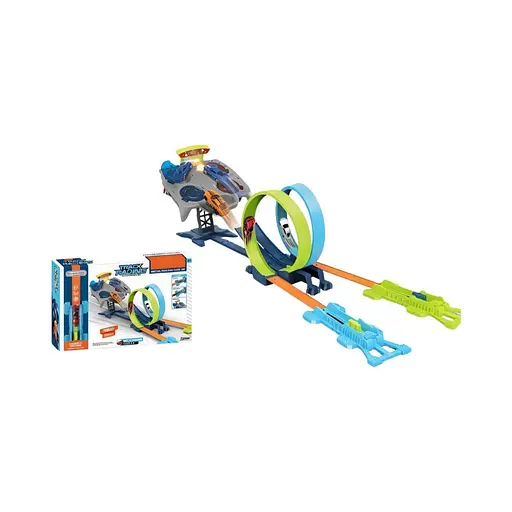 Трек JJ 165 с двойными трюковыми петлями, двумя машинками на инерции, мишенью на батарейках и запуском - фото 2