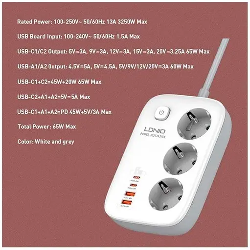 Удлинитель сетевой LDNIO SE3436 - 4 порта + 3 розетки 65 W 2 метра - фото 4