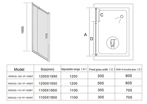 Душевые двери AM.PM Gem 110x195 см стекло прозрачное хром матовый W90UG-110-1P-195MT, прозрачный, хром матовый - фото 7