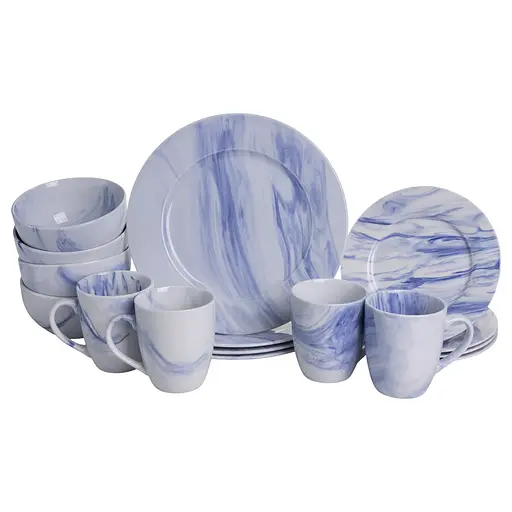 Столовый набор посуды тарелок и чашек 16 предметов на 4 персоны Marble Clara фарфоровый, обеденный столовый сервиз тарелок Синий Yiwu MD-16-3B - фото 8