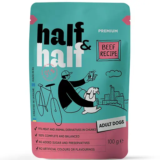 Набор влажных кормов Half & Half 5+1 для взрослых собак, кусочки с говядиной в соусе (6 шт. x 100 г) - фото 3