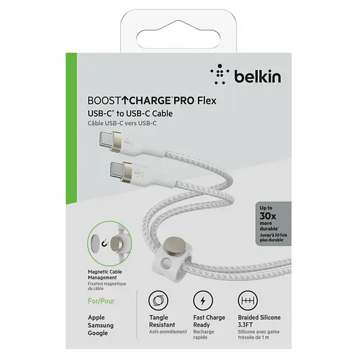 Belkin Кабель USB-С - USB-C плетеный, силиконовый, с ремешком на магните, 1м, белый - фото 2