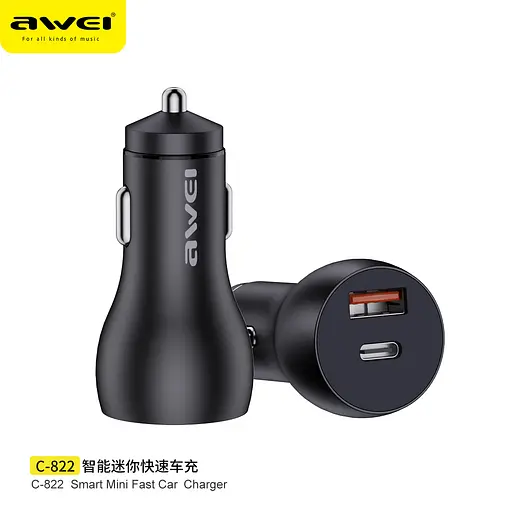 Автомобильный адаптер AWEI C-822 |1USB/1Type-C, QC/PD, 3A, 18W| - фото 2