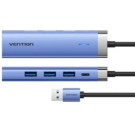 Хаб USB 3.0 -->3xUSB 3.0/RJ45/USB-C Hub Blue Aluminum Alloy 5-in-1 Vention - фото 2