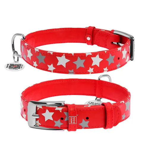 Ошейник для собак кожаный Waudog Glamour с QR-паспортом узор "Звездочка" светонакопительный/светоотражающий L Ш 25 мм,