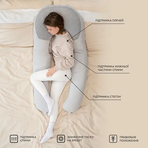Подушка Sonex U-Body для беременных и отдыха П-образная антиаллергенная 135x68x25 серая (SO102577) - фото 11