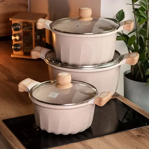 Набор кастрюль MGC алюминиевых 5,3/8,2/11,8 л с керамическим покрытием, бежевый HP-4-402 - фото 7