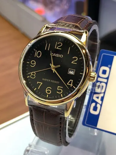 Мужские японские часы наручные стильные с кожаным ремешком Оригинал Casio MTP-V002GL-1BUDF - фото 5