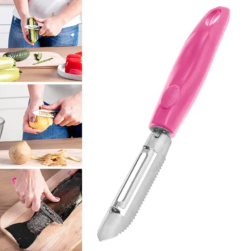 Ніж 2в1 економка овочечистка рибочистка велика з пластмасовою ручкою для очищення овочів і фруктів 20.5 см, Kitchette Рожевий 86612 - фото 2
