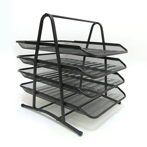 Лоток для бумаги металлический горизонтальный Сетка, 4 отделения, черный