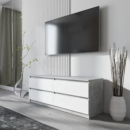 Тумба під телевізор Vays R-6 Бетон-Білий фасад, 4 шухляди без ручок, ЛДСП, 140×40×53 см