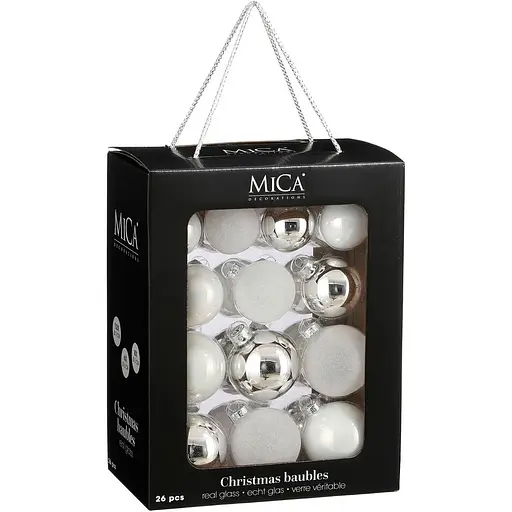 Комплект елочных шаров Mica Decorations стеклянные 7/6/5 см белые 26 шт. (1181258)