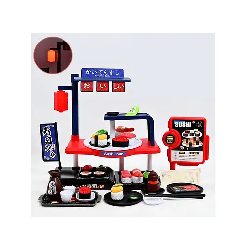 Набор "Суши-бар" 66 элементов, подсветка фонаря, звуковые эффекты кассы, суши, монеты, купюры, тарелки, палочки, соус в коробке - фото 1