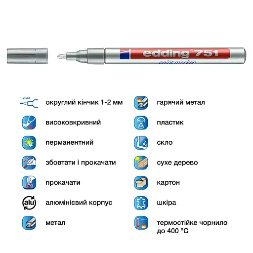 Маркер Edding Paint e-751 1-2 мм круглий срібний (e-751/54) - фото 4