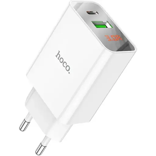 Мережевий зарядний пристрій Hoco C100A PD20W + QC3.0 charger with digital display ( EU ) Білий - фото 1
