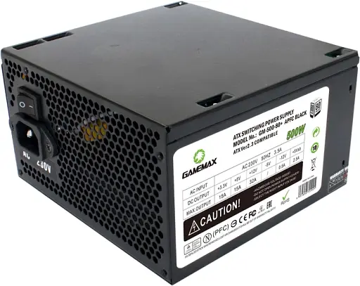 Блок питания 500 Вт, GameMax GM-500 80+ APFC, черный, 12 см, 3xSATA/1x6+2pin/1x4+4-pin/1x20+4-pin, ATX, защита - фото 1