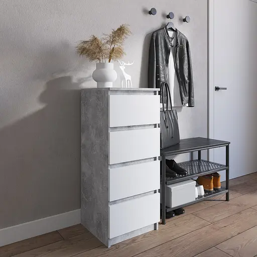 Комод Vays R-17 Бетон-Белый фасад, на 4 ящика без ручек, узкий, ЛДСП 40×40×98 см - для прихожей, спальни, коридора