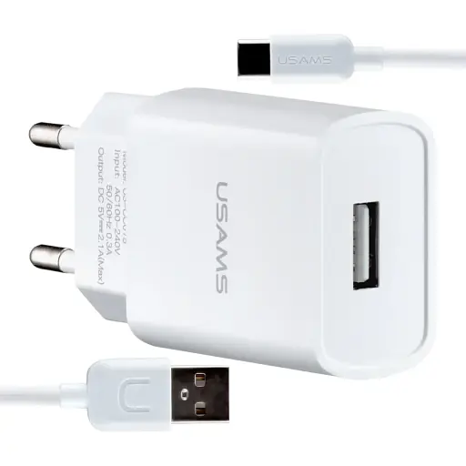 Мережевий зарядний пристрій Usams T21 Charger kit- T18 single USB EU charger + Type-C cable Білий - фото 1